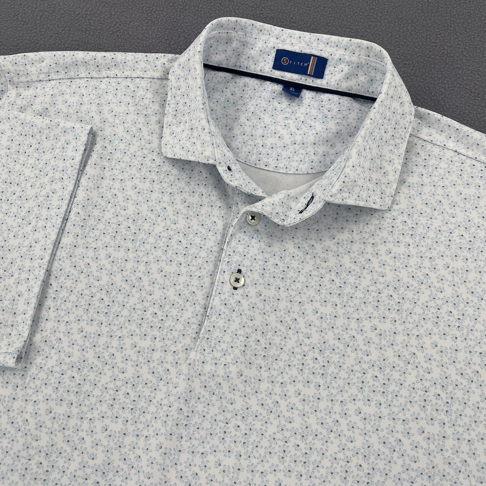 Stitch Golf Polo Shirt Mens XL White Blue Floral Performance Stretch Preppy